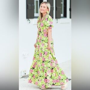 Wayf Floral Maxi Dress in Green and Pink